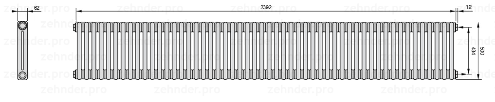 Схема (чертеж) Радиатор Zehnder Charleston 2050/52 №7610 Белый глянцевый RAL 9016